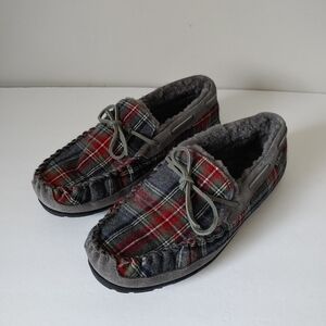 L.L. Bean Wicked Good Moccasins Shearling Slippers Flannel Plaid Size US 9